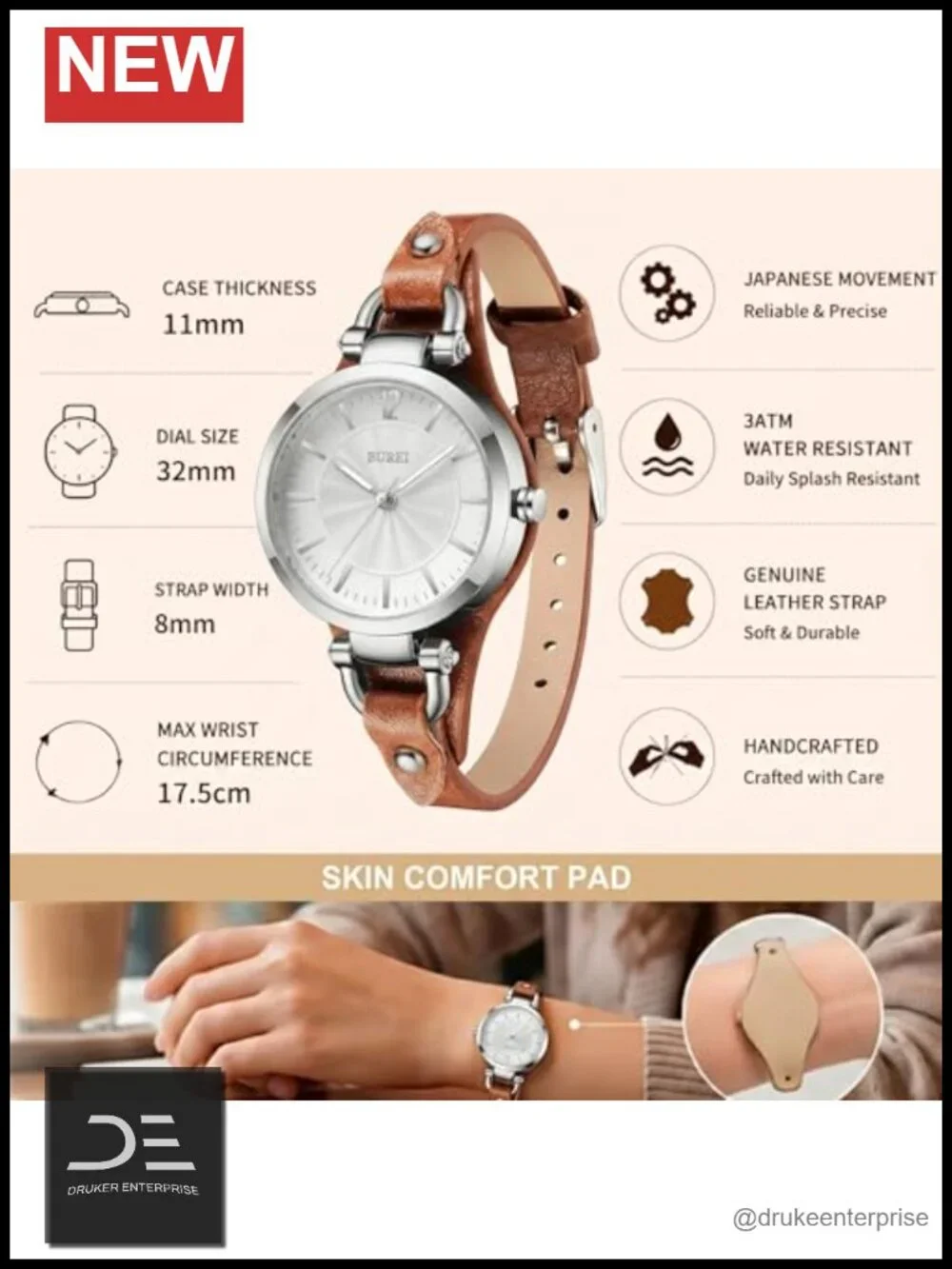 Women's Simple Leather Strap Analog Quartz Watch with Buckle Closure